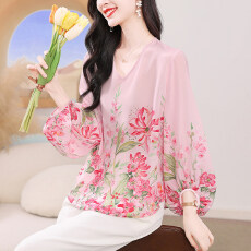 批发上衣女春夏2026新款温柔风洋气印花小衫桑蚕丝V领<b class='q'>宽松</b>显瘦T恤