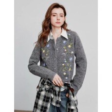 批发流动感绿绒蒿绣花植物刺绣羊毛针织<b class='q'>女</b>2025秋新款叠穿开衫外套