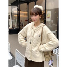 批发秋冬季新款连帽针织开衫外套女慵懒风宽松休闲韩系复古甜美风上衣