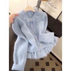 批发韩系<b class='q'>假两件</b>绑带毛衣开衫女秋冬设计感小众宽松甜美慵懒风针织外套