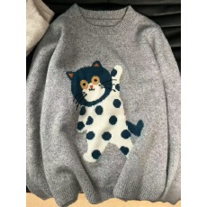 灰色卡通猫咪提花长袖针织衫女2025新款秋冬季韩系慵懒松弛感毛衣