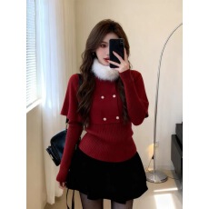 批发温柔风吸睛时髦超好看毛毛领红色<b class='q'>罩衫</b>披肩+<b class='q'>针织衫</b>两件套装