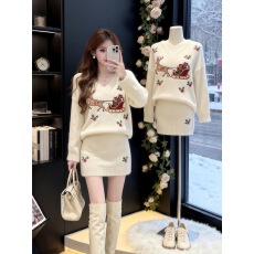 批发独特穿搭一整女冬季新款圣诞麋鹿刺绣针织毛衣针织<b class='q'>短裙</b>巨好看套装