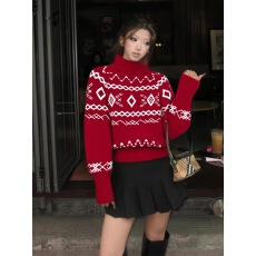 批发费尔岛高领毛衣女秋冬圣诞穿搭蝙蝠袖针织衫<b class='q'>宽松</b>保暖韩系红色上衣