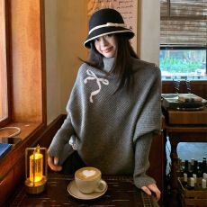 批发宋正恩灰色不规则慵懒风毛衣女蝙蝠袖高级高领针织衫冬季<b class='q'>宽松</b>上衣