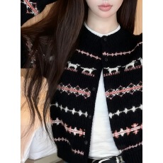 批发甜辣妹<b class='q'>短款</b>费尔岛毛衣针织<b class='q'>开衫</b>外套女高级感秋冬独特漂亮修身上衣