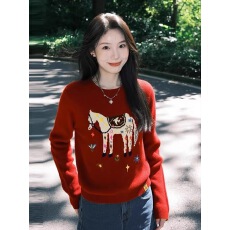 批发过年穿搭红色手绘刺绣<b class='q'>毛衣</b>女秋冬<b class='q'>新款</b>百搭修身套头圆领针织衫上衣