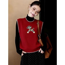 批发小个子红色<b class='q'>马甲</b>冬外穿<b class='q'>女款</b>圆领漂亮小马提花针织背心无袖叠穿上衣