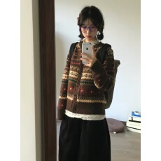 批发复古费尔岛撞色毛衣开衫女<b class='q'>外套</b>秋装新款<b class='q'>韩版</b>长袖针织上衣