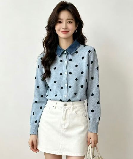 프랑스식 도트 무늬 페이크 레이어드 데님 패치워크 POLO 칼라 니트 스웨터 부드러운 찹쌀 연령 감소 스웨터 코트 가을 겨울철 새로운