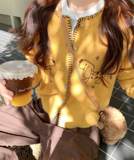 황색 강아지 자수 긴팔 니트 오픈 가디건 여성 가을 겨울철 작은 키 루즈핏 느긋한 바람 스웨터 코트 맨위