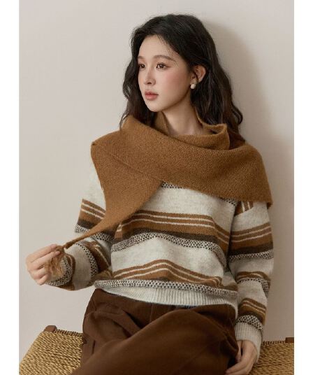 가을 겨울 새로운 라운드 넥 배색 스트라이프 루즈핏 한 부서 패션 다용도 여성 스카프 스웨터 트렌디