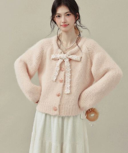 달콤한 자매 바람 나비 매듭 레이스 레이스 스트랩 오픈 가디건 스웨터 여자 가을 겨울철 부드러운 찹쌀 루즈핏 다용도 연령 감소 맨위