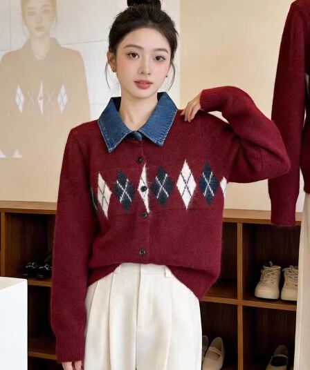 가을 겨울 스웨터 링 그리드 패치워크 데님 POLO 칼라 긴팔 니트 카디건 코트 스웨터 여자
