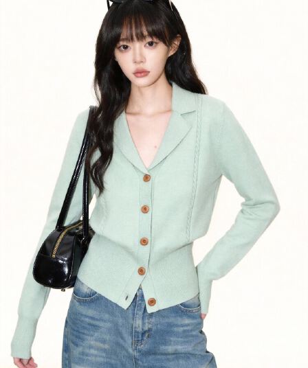 녹색 정장 칼라 니트 오픈 가디건 여성 2026 봄 가을 새로운 고급 센스 몸매 가꾸기 허리 수축 인사이드 가져 가라. 만나는 맨위