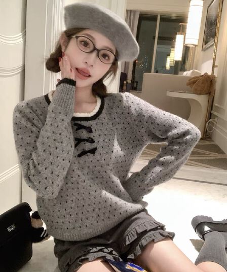 가을 겨울 새로운 달콤함 일본식 베이비 칼라 도트 무늬 레이스 나비 매듭 스웨터 느긋한 디자인 센스 다용도 맨위 여성