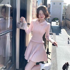 批发进修校花/千金感粉色长袖上衣针织毛衣超好看秋冬裙子套装