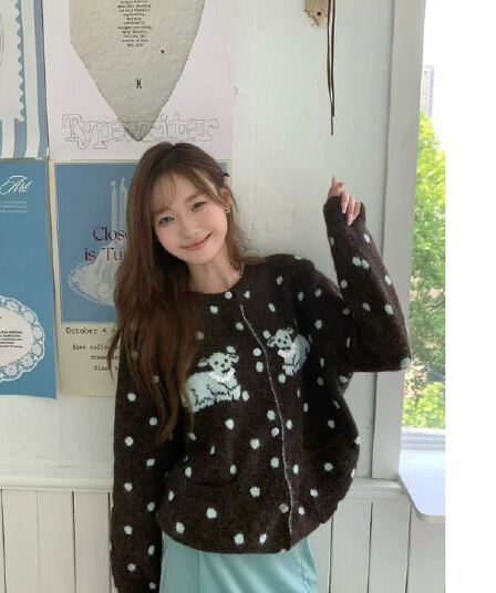 한 부서 도트 무늬 레트로 어린 양 스웨터 여자 오픈 가디건 가을 겨울 새로운 루즈핏 니트 스웨터 재킷 느긋한 바람 맨위 트렌디