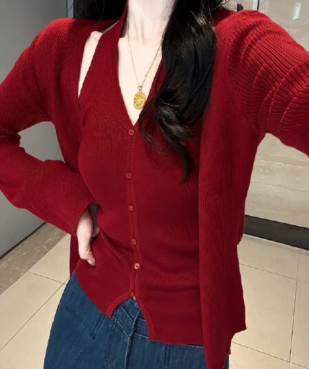 프랑스식 빨간색 V넥 긴팔 니트 오픈 가디건 여성 코트 가을 겨울 스택 착용 뒤로 심장 안에 가져 가라. 쇼트 스타일 맨위 투피스 세트