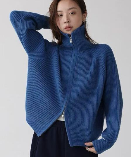 구덩이 기사 더블 지퍼 스웨터 가을 새로운 출퇴근 루즈핏 단색 스탠드 칼라 오픈 가디건