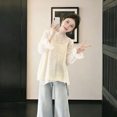 批发韩系叠穿碎花上衣打底衫针织镂空马甲两件套装女春装氛围感喇叭袖