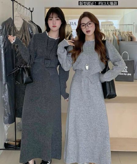 레이스 레이스 패치워크 스트랩 허리 수축 스웨터 루즈핏 캐주얼 하이웨이스트 반신 치마 세트 가을 겨울철 투피스 세트
