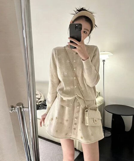 가을로 코디 한 부서 착용 가져 가라. 전체 집합 작은 샤넬 스타일 부드러운 찹쌀 스웨터 오픈 가디건 무거운 작업 반신 미니 스커트 두 조각 여성 세트