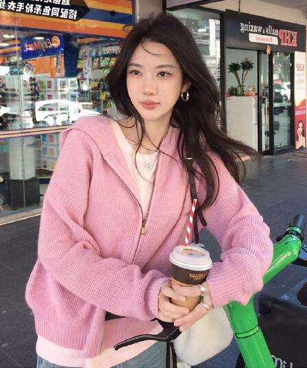 장 베이 베이 ibell 한 부서 루즈핏 슬림해 보이는 3 차원 후아 남편 그리드 후드 오픈 가디건 여성 레저 다용도 양모 재킷