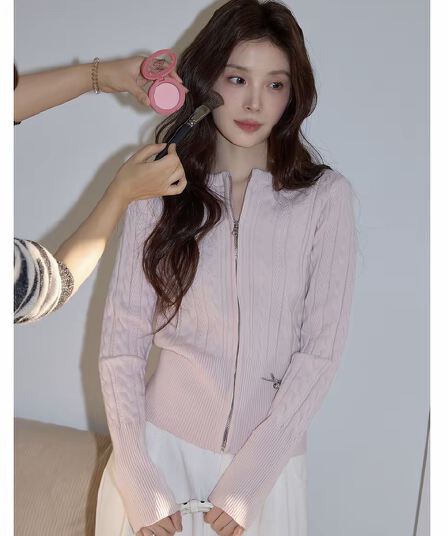 시끄러운 홈 한 부서 핑크색 라운드 넥 꽈배기 니트 오픈 가디건 여성 가을 캐주얼 몸매 가꾸기 에어컨 객실 지퍼 재킷