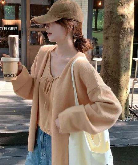 2026 슈퍼 화재 열린 봄 도파민 ootd 착용 가져 가라. 전체 집합 스웨터 오픈 가디건 레이스업 캐미솔 투피스 슈트