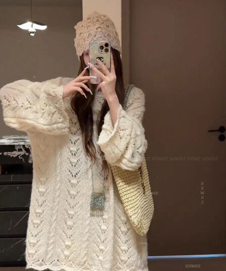 한국 동대문 이른 가을 새로운 나만의 것을 가져와 라. 분위기 느긋한 바람 품격 롱 코트 패션 프랑스식 부드러운 홀로우 아웃 스웨터