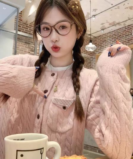 한 부서 핑크색 꽈배기 스웨터 오픈 가디건 여성 가을 겨울철 새로운 루즈핏 느긋한 니트 재킷 맨위