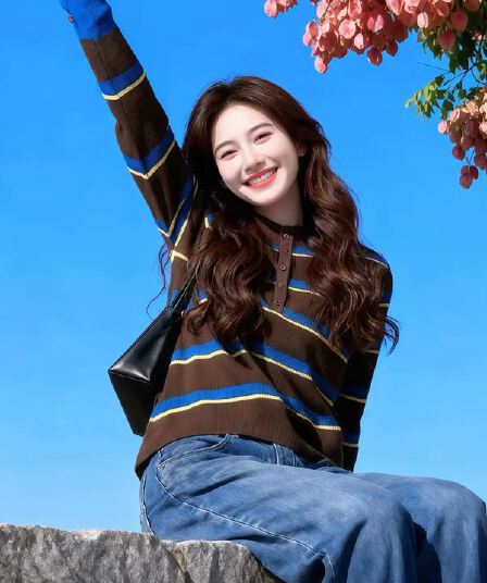 커피 색상 스트라이프 배색 반하이넥 루즈핏 니트 스웨터 2026 조기 가을 아름다움 라드. 바람 다용도 이른 가을 맨위 여성