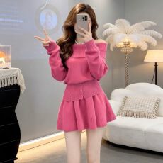 批发法式一字肩毛衣针织<b class='q'>连衣裙</b>子女早秋季2026新款巨好看韩系穿搭套装