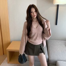 批发韩系挂脖露背波点吊带背心+<b class='q'>宽松</b>针织开衫两件套装女