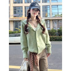 批发<b class='q'>甜美</b><b class='q'>日系</b>青柠绿色宽松连帽毛衣外套女小众设计感学生长袖针织开衫