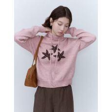 批发粉色海星提花绑带高领长袖毛衣女早秋穿搭修身显瘦套头针织衫上衣