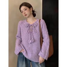 紫色立体花朵系带针织衫毛衣女2026秋冬大码胖mm慵懒风巨好看上衣