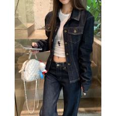 批发美式复古蓝色牛仔外套女2025新款秋季休闲翻领小个子短款夹克上衣