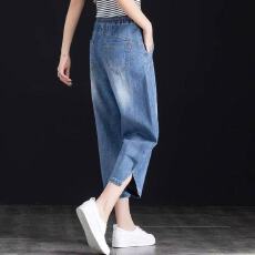 批发松紧七分<b class='q'>牛仔裤</b>女夏季新款宽松高腰新款小个子休闲老爹薄款<b class='q'>哈伦</b>裤