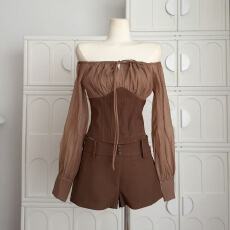 批发FAY【一抹焦糖】法式灯笼袖一字肩设计感小众洋气上衣<b class='q'>裤</b>子套装