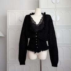 批发e go studio 马海毛羊毛深灰荷叶边<b class='q'>开衫</b><b class='q'>毛衣</b><b class='q'>女</b>蕾丝拼接设计感上衣