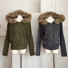 WENWAN私服专线毛领连帽小众设计百搭上衣橄榄绿针织开衫