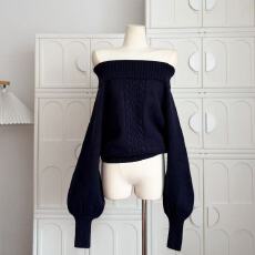 批发LaluneDuCiel 慵懒风灯笼袖<b class='q'>一字肩</b>套头毛衣女露肩韩系氛围感上衣