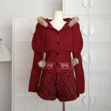 批发圣诞新年款umoumo乌蘑甜美氛围感毛绒连帽斗篷绞花开衫毛衣