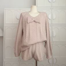 批发迟伞伞25/fw 甜杏杏子 定染纱线杏粉蝴蝶结针织上衣短裤温柔<b class='q'>套装</b>