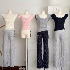 批发发财小马 <b class='q'>小</b>飞袖双层木耳边大U领针织短袖T恤+直筒波点休闲裤