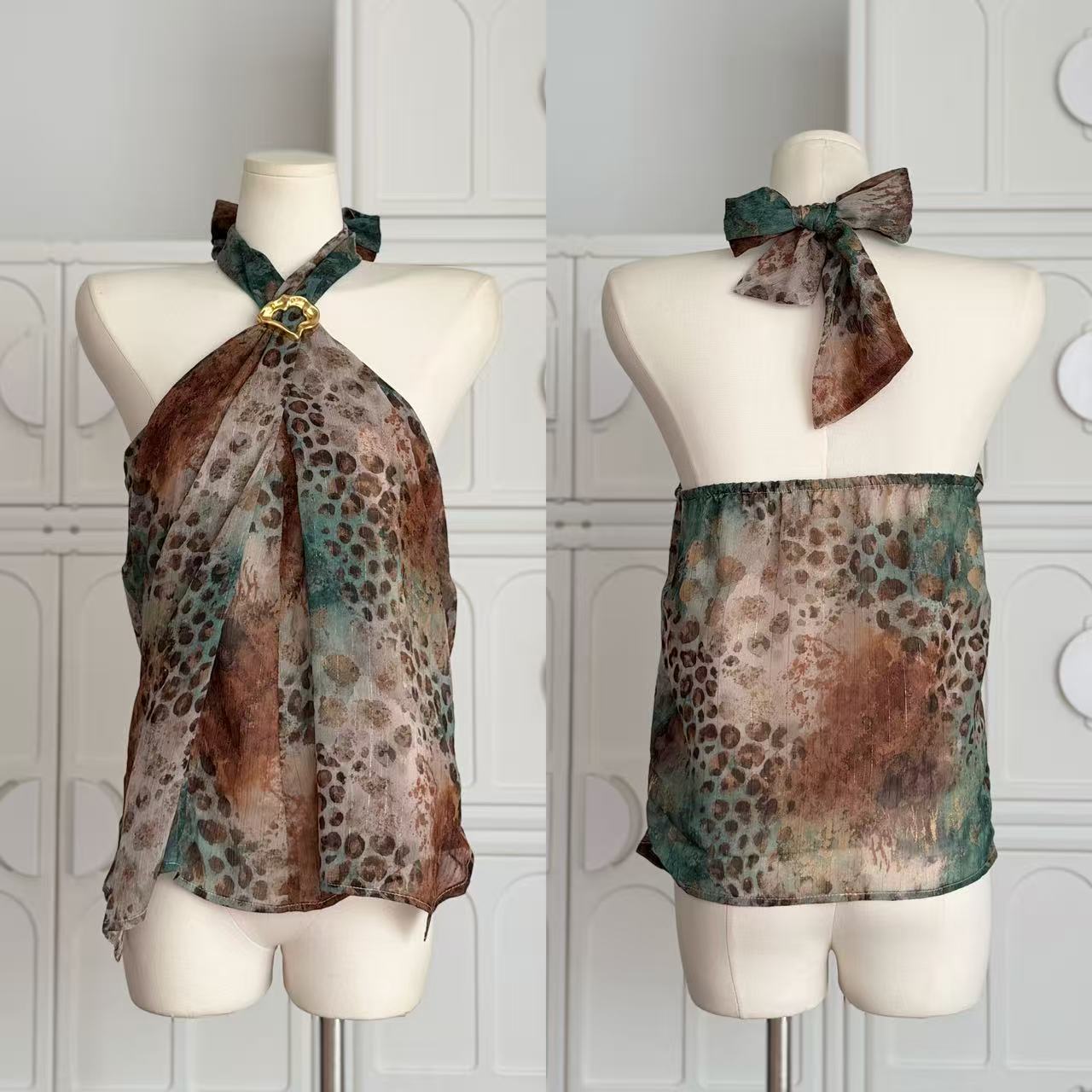 서주 장 챕터 천년기 레오파드 무늬 세 색 후광 염색 레이스업 행침 목 프린트 작은 셔츠 여성 높음 질감 쇼트 스타일 민소매 맨위