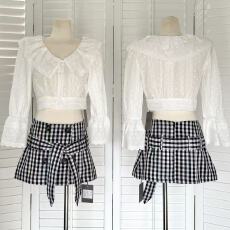 批发陈允朵*减龄韩系*荷叶边泡泡袖短款上衣黑白格纹腰带工装半身<b class='q'>短裙</b>