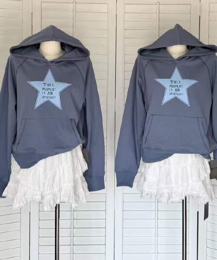 yookson vintage star 높음 그램 다시 하다 오래된 오각형 별 루즈핏 풀오버 후드 티 스웨터 여성